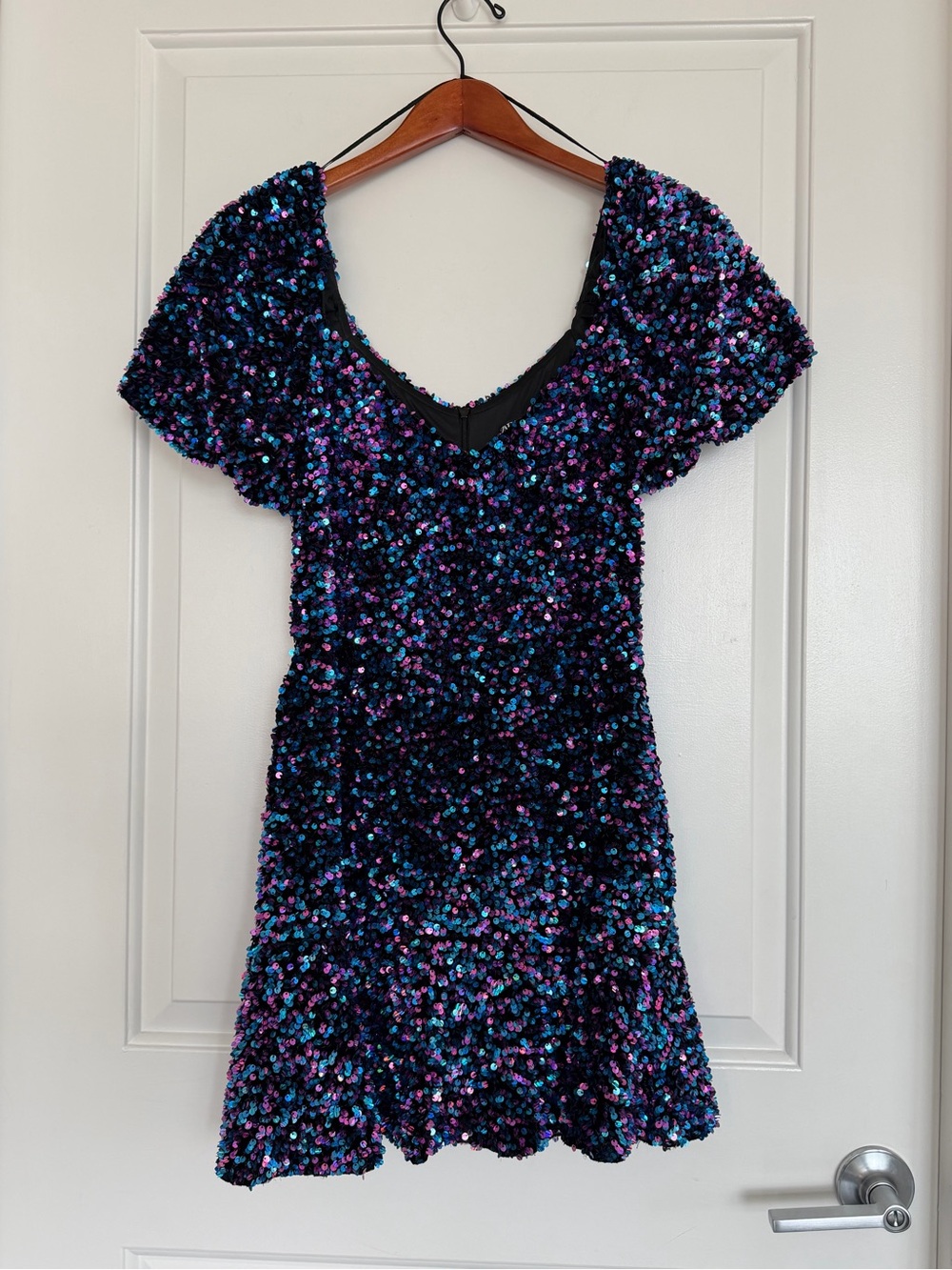 Zara Viral Sequin Blue Pink Black Mini Dress Puff Sleeve Zip Large